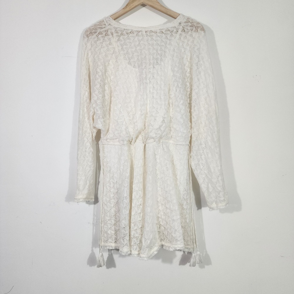 Free People Snug Bug Dress XS Ivory Lace Faux Wrap Tassel Boho ethereal fairy - Picture 2 of 10